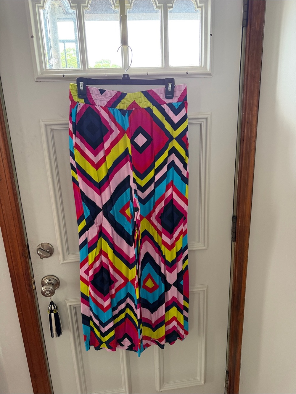 Terez Wide Leg Pants in Pink, Blue, Yellow, Black Geometric Print